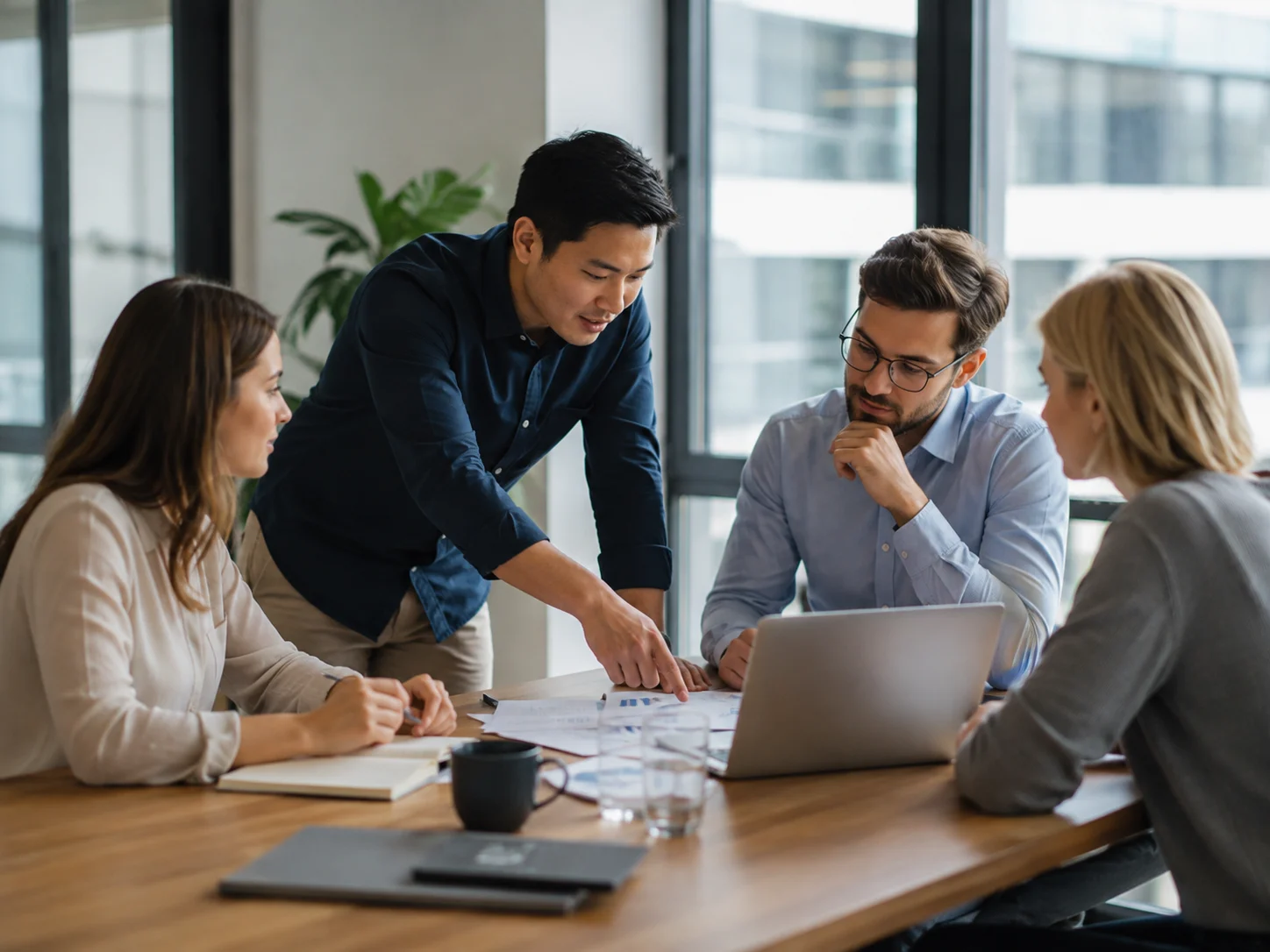 Equipo trabajando conjuntamente alrededor de una mesa