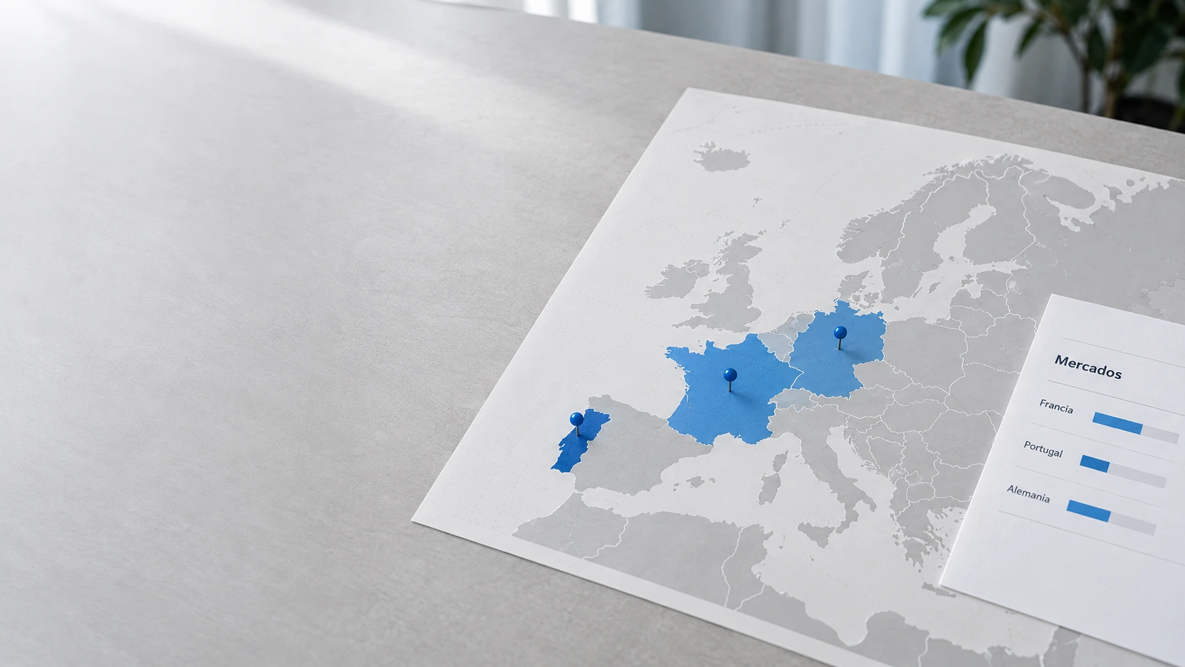 Mapa ilustrativo de Europa con Francia, Portugal y Alemania destacados junto a una comparación de mercados
